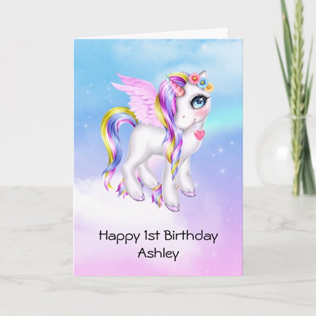 Beautiful Unicorn with Rainbow Mane Birthday Card (Front)