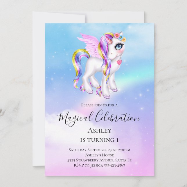 Beautiful Unicorn with Rainbow Mane Birthday Invitation (Front)