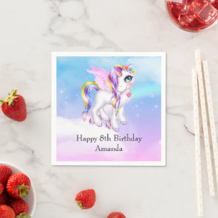 Beautiful Unicorn with Rainbow Mane Birthday Napkin