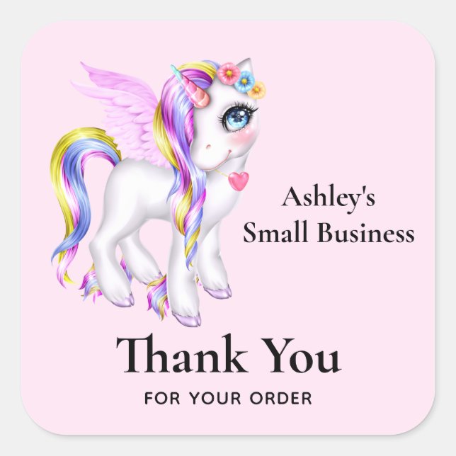 Beautiful Unicorn with Rainbow Mane Business Square Sticker (Front)
