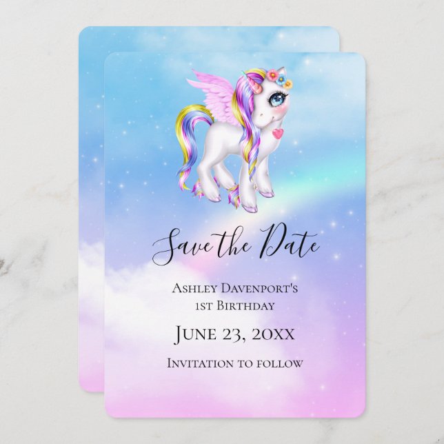 Beautiful Unicorn with Rainbow Mane Save The Date (Front/Back)