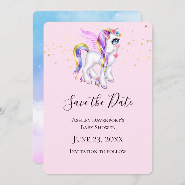 Beautiful Unicorn with Rainbow Mane Shower Save The Date (Front/Back)