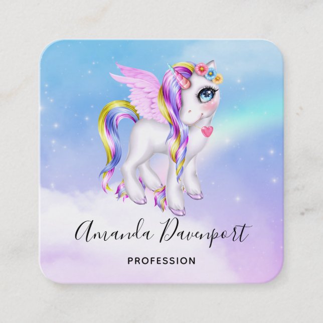 Beautiful Unicorn with Rainbow Mane Square Business Card (Front)