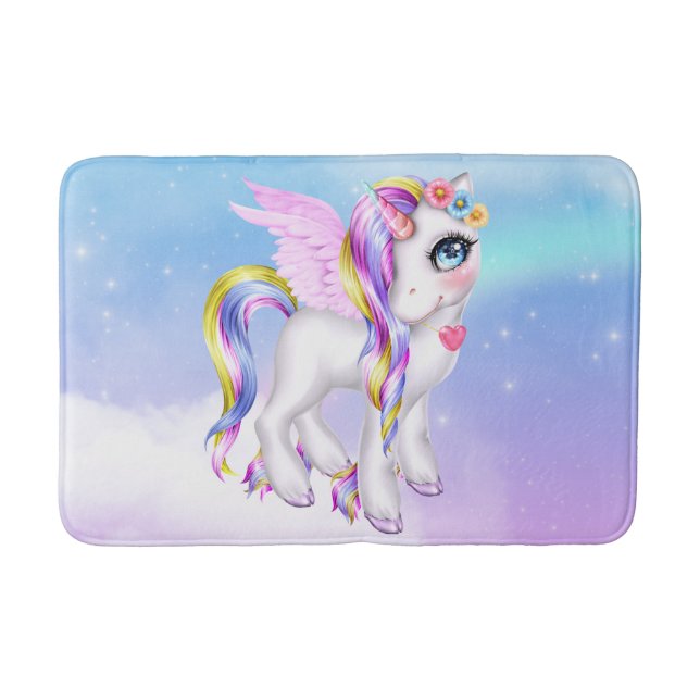  Beautiful Unicorn with Rainbow Mane & Tail Bath Mat (Front)
