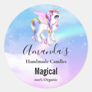 Beautiful Unicorn with Rainbow Mane & Tail Candle Classic Round Sticker