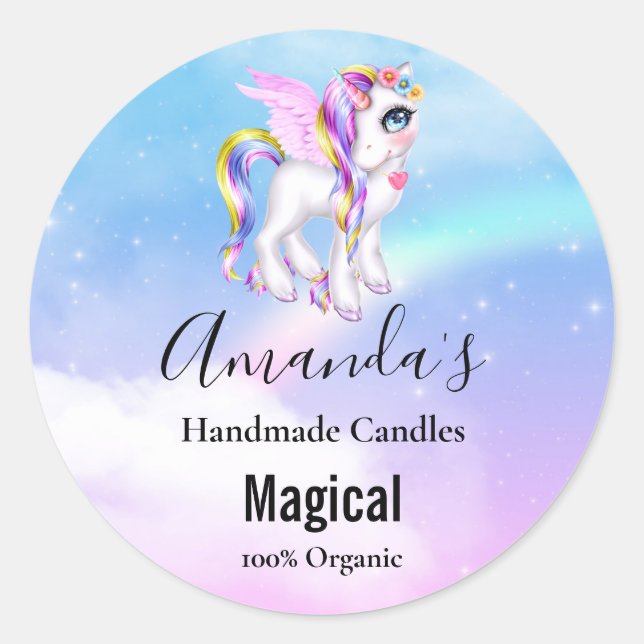 Beautiful Unicorn with Rainbow Mane & Tail Candle Classic Round Sticker (Front)