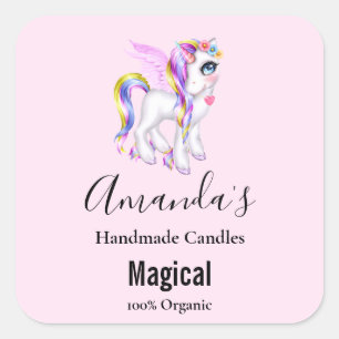 Beautiful Unicorn with Rainbow Mane & Tail Candle Square Sticker