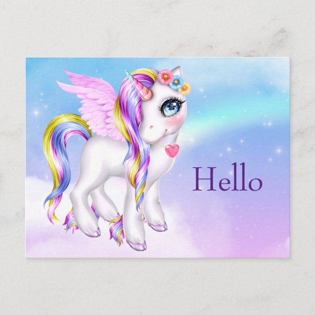 Beautiful Unicorn with Rainbow Mane & Tail Hello Postcard (Front)