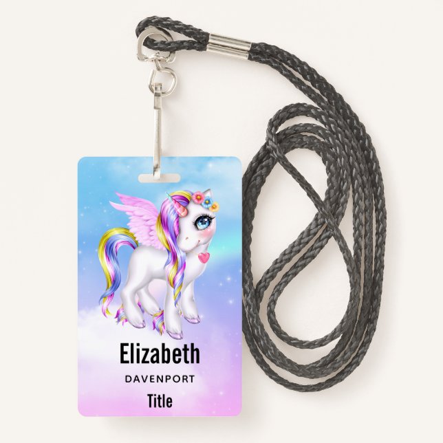 Beautiful Unicorn with Rainbow Mane & Tail ID Badge (Front with Lanyard)
