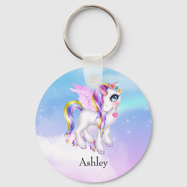 Beautiful Unicorn with Rainbow Mane & Tail Key Ring (Front)