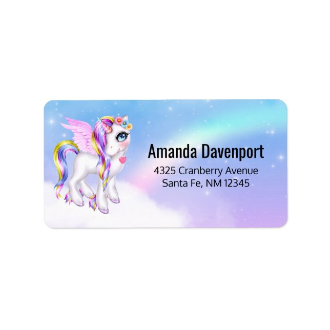 Beautiful Unicorn with Rainbow Mane & Tail Label (Front)