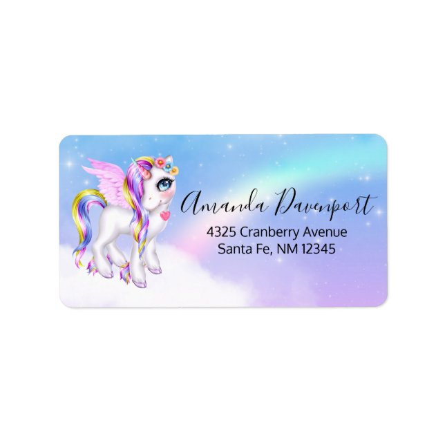 Beautiful Unicorn with Rainbow Mane & Tail Label (Front)