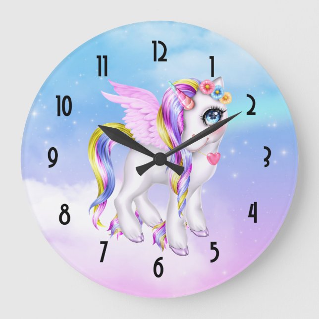 Beautiful Unicorn with Rainbow Mane & Tail Large Clock (Front)