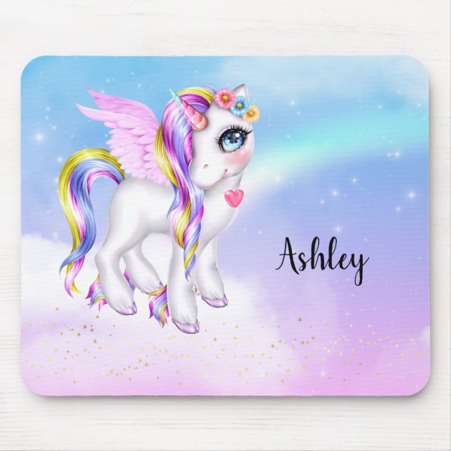 Beautiful Unicorn with Rainbow Mane & Tail Mouse Mat (Front)