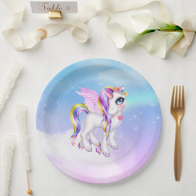 Beautiful Unicorn with Rainbow Mane & Tail Paper Plate (Wedding)