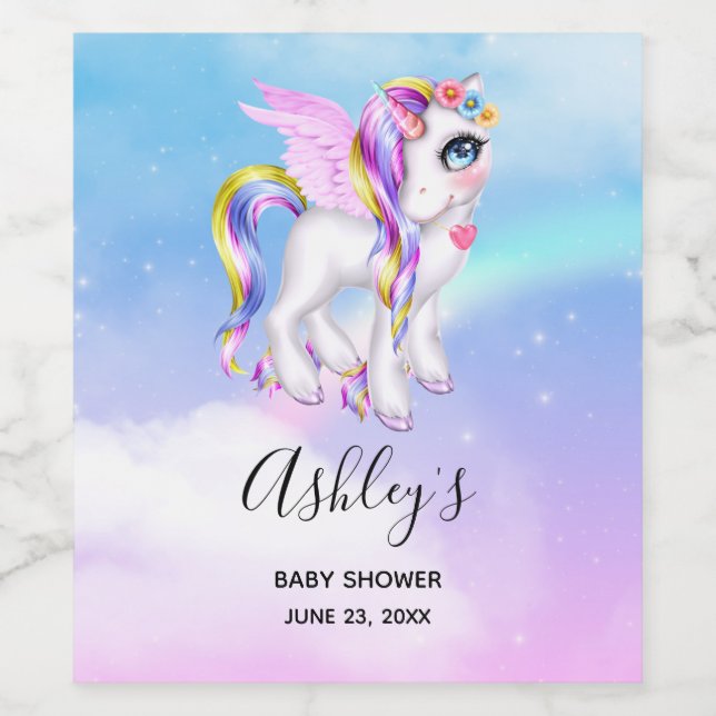 Beautiful Unicorn with Rainbow Mane & Tail Party Wine Label (Single Label)