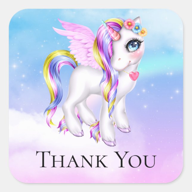 Beautiful Unicorn with Rainbow Mane & Tail Square Sticker (Front)