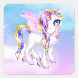 Beautiful Unicorn with Rainbow Mane & Tail Square Sticker