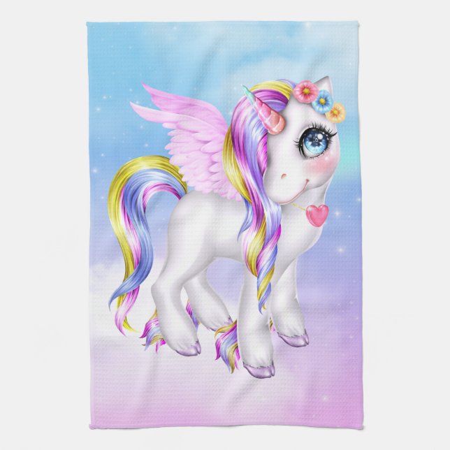 Beautiful Unicorn with Rainbow Mane & Tail Tea Towel (Vertical)