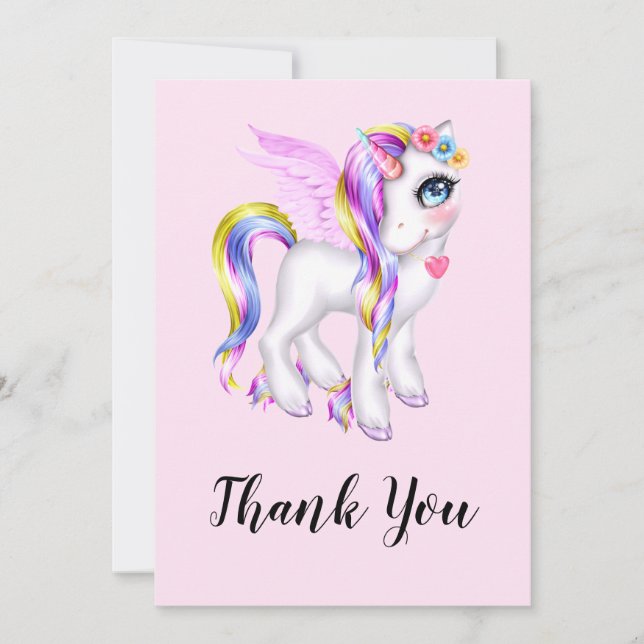 Beautiful Unicorn with Rainbow Mane Thank You Card (Front)