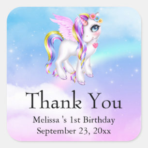 Beautiful Unicorn with Rainbow Mane Thank You Square Sticker