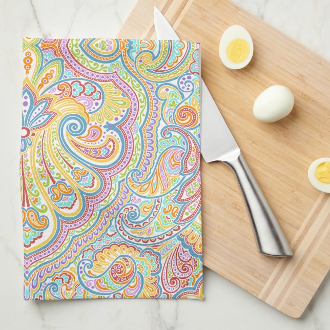 Beautiful Unique Aqua Blue Pink Paisley Art Tea Towel (Quarter Fold)