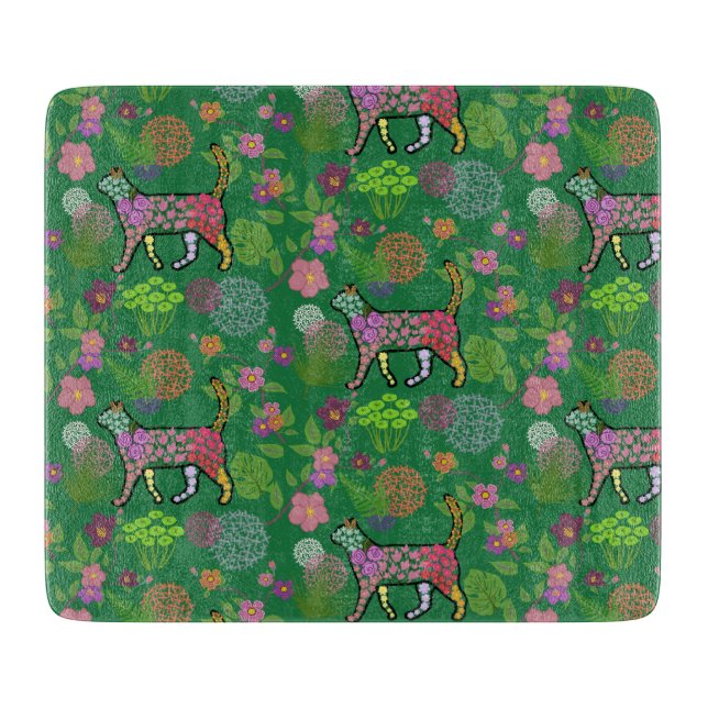 Beautiful Unique Colourful Floral Cat Cutting Board (Front)