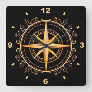 Beautiful Unique Gold & Black Compass Antique ~ Square Wall Clock