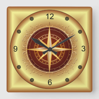 Beautiful Unique Gold & Maroon Compass ~ Square Wall Clock