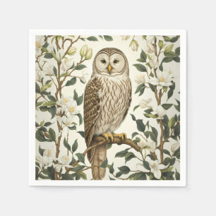 Beautiful Ural Owl And Magnolia Blossoms Napkin