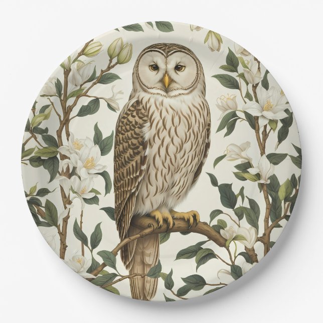 Beautiful Ural Owl And Magnolia Blossoms Paper Plate (Front)