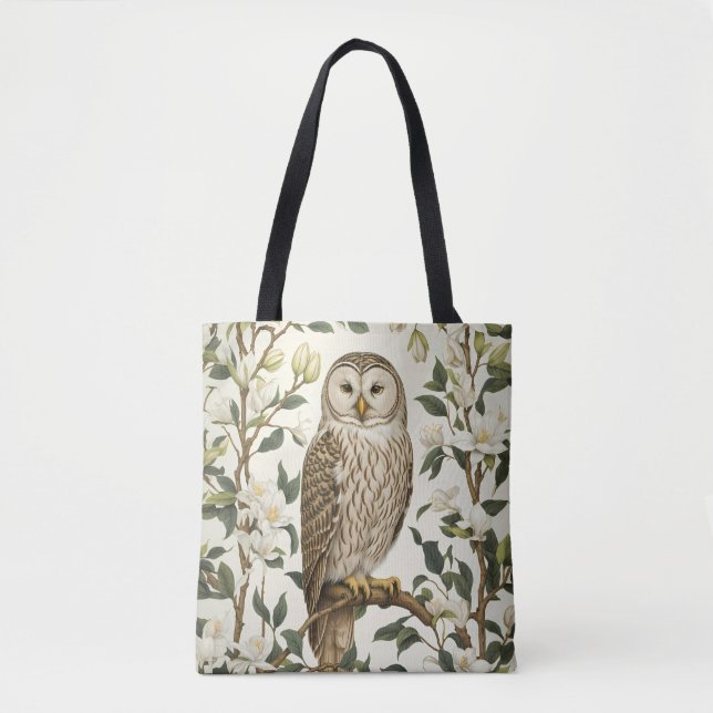 Beautiful Ural Owl And Magnolia Blossoms Tote Bag (Front)