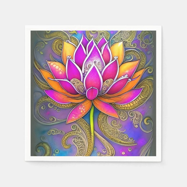 Beautiful Vibrant Pink Orange Ornate Lotus Flower Napkin (Front)