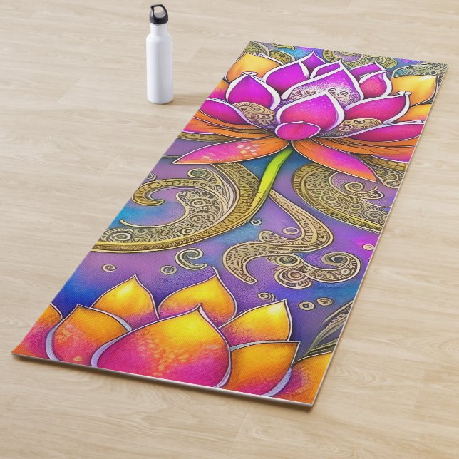 Beautiful Vibrant Pink Ornate Lotus Flowers Yoga Mat (In Situ)