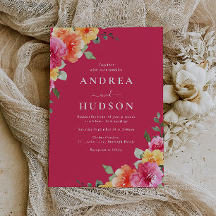 Beautiful Vibrant Pink Watercolor Floral Wedding Invitation
