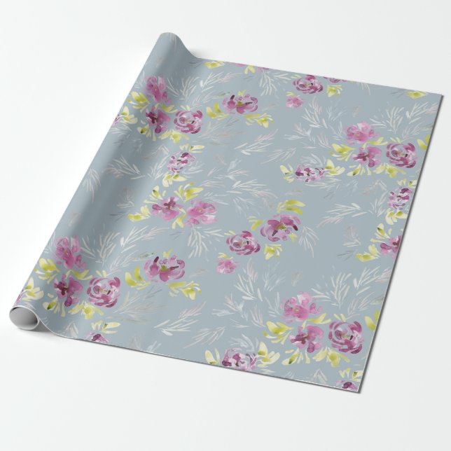Beautiful vibrant purple watercolor flower Pattern Wrapping Paper (Unrolled)