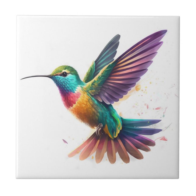 Beautiful Vibrant Watercolor Hummingbird Print Tile (Front)