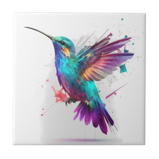Beautiful Vibrant Watercolor Hummingbird Print Tile (Front)