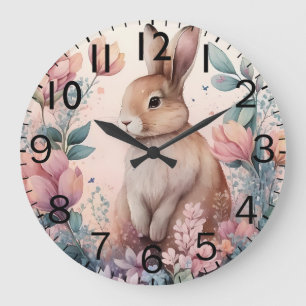 Beautiful Vibrant Watercolor Rabbit Print Large Clock