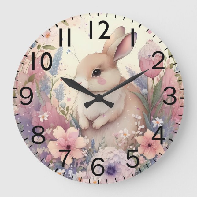 Beautiful Vibrant Watercolor Rabbit Print Large Clock (Front)