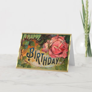 Beautiful Victorian Floral Pink Rose Birthday Card