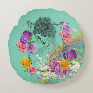 Beautiful Victorian Lady Teal Floral Round Pillow