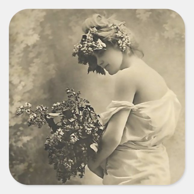 Beautiful Victorian Lady with cut flowers Square Sticker (Front)