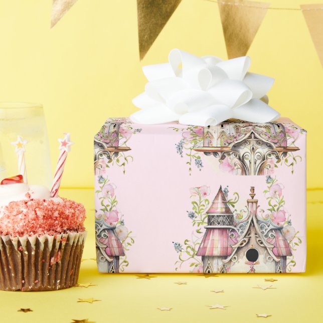 Beautiful Victorian Style Watercolor Birdhouse Wrapping Paper (Birthday Party)
