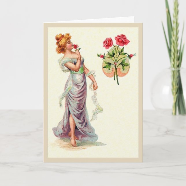 Beautiful Victorian Woman With Roses Note Card (Front)