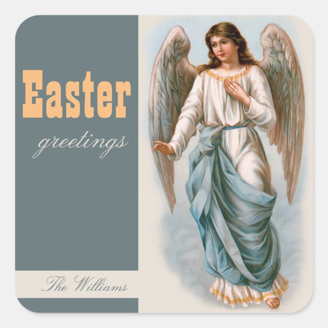 Beautiful vintage angel Easter greetings Square Sticker (Front)