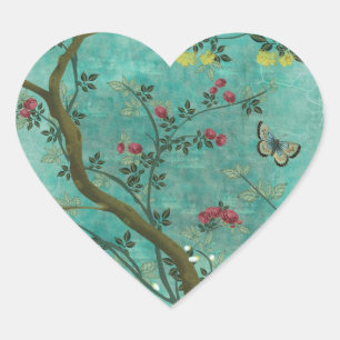 Beautiful vintage antique blossom tree butterflies heart sticker