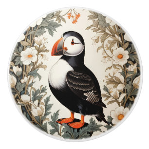 Beautiful Vintage Atlantic Puffin White Flowers Ceramic Knob