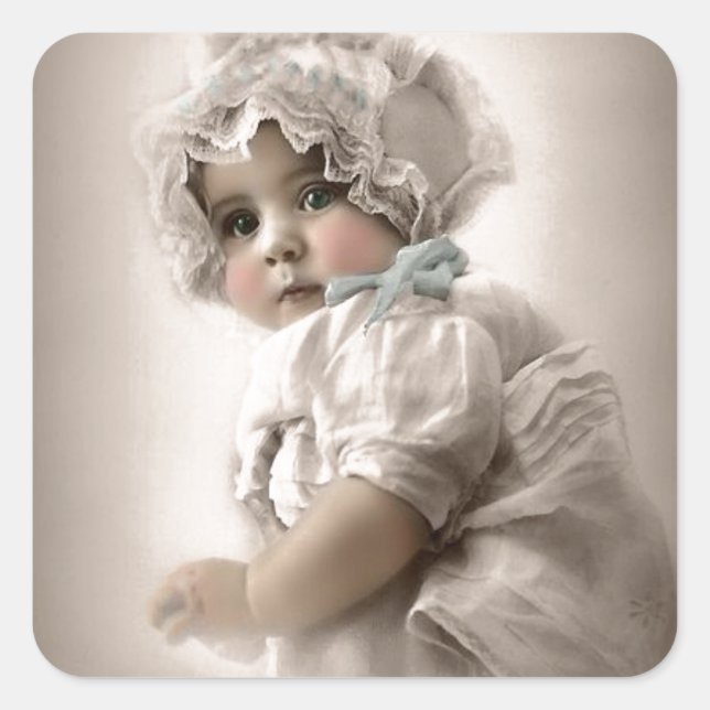 Beautiful Vintage Baby Wearing Bonnet Square Sticker (Front)