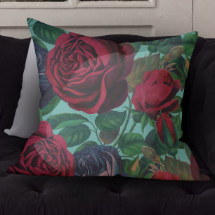 Beautiful Vintage Blue And Red Roses On Light Teal Cushion